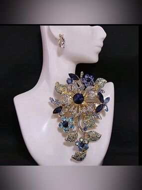 Gold Floral Cascade Brooch with Sapphire and Aqua Crystals